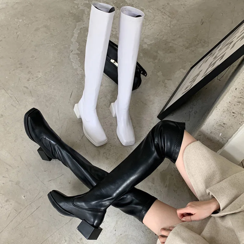 Square Toe Women Over The Knee Stretch Boots Black White Thick Mid Heels Autumn Spring Sock Boots Elastic Botas Slip On Botas