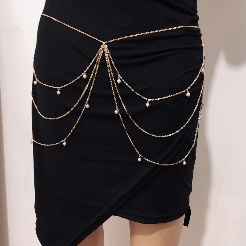 

American hot-selling multi-layer pearl pendant alloy waist chain, popular body chain necklace jewelry accessories wholesale