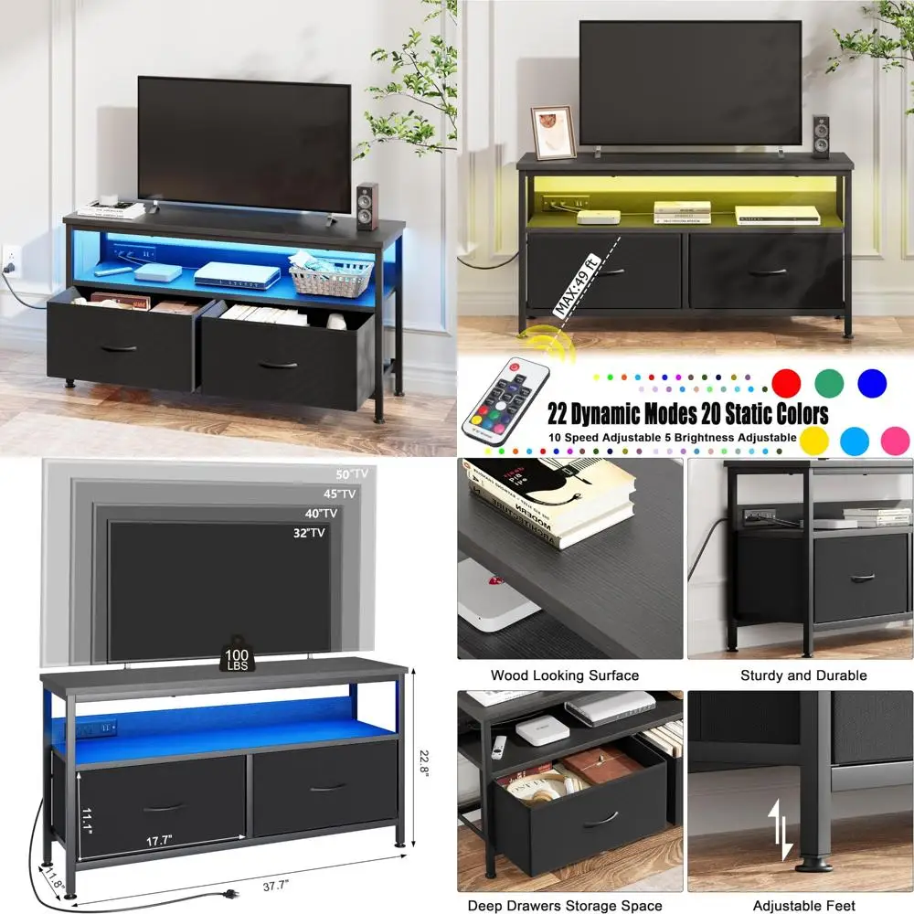LED Lighted 50-Inch TV Media Console with Charging Station and Storage Drawers for Gaming and Entertainment
