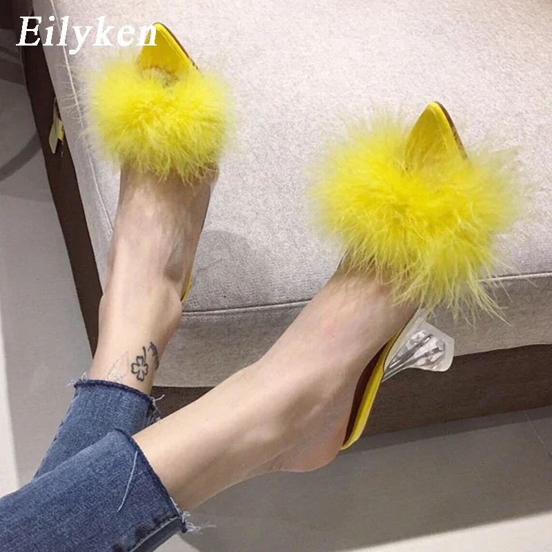Eilyken 2026 New PVC Transparent Feather High Heels Fur Slippers Woman Peep Toe Mules Lady Pumps Slides White Shoes