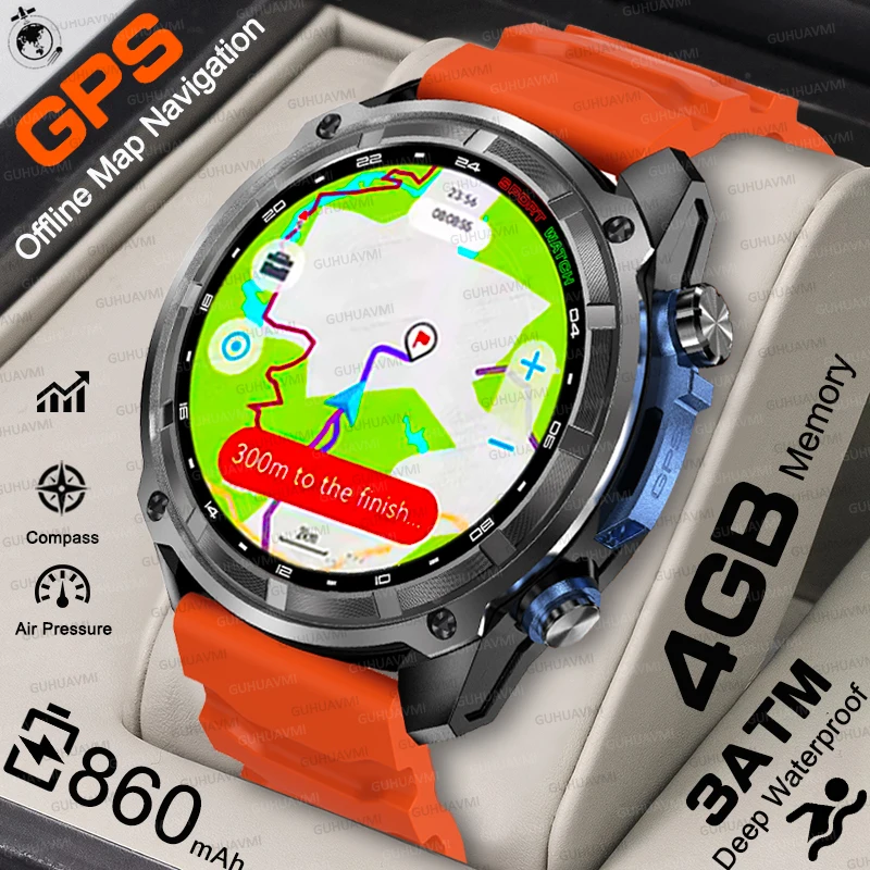 

2025 NEW Military Built in GPS Offline Map Smart Watch 4GB Memory 860mAh Compass 100M Waterproof HD Talk Sports Swimming Watches