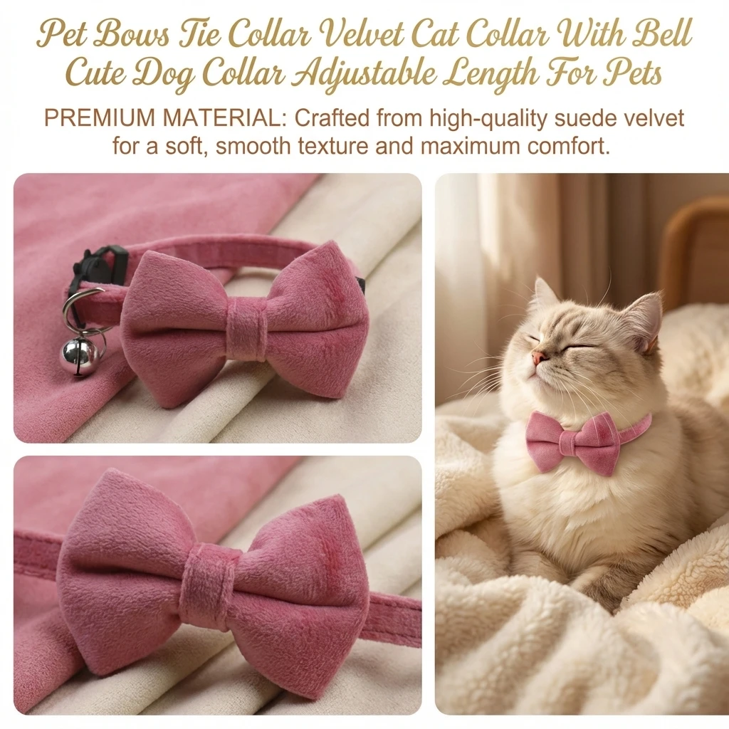 Cat Velvet Collar Solid Color Bowknot Puppy Chihuahua Collars With Bell Adjustable Safety Buckle Cats Tie Pets Accessories