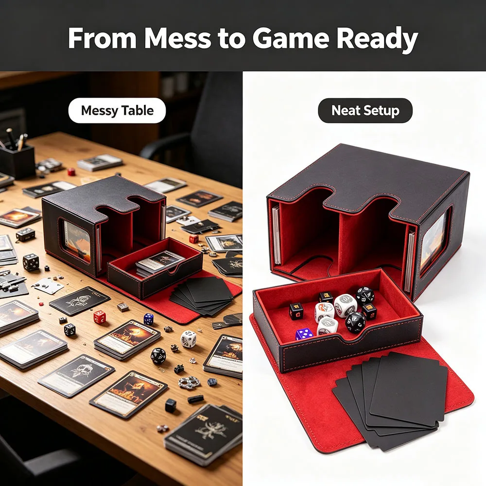 Card Box Large Capacity Hold 260+ - Single Sleeved Cards Double Window Concealed Drawer Magnetic