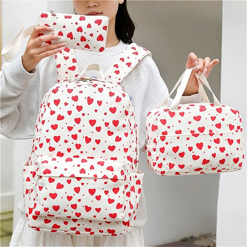 3/set Corduroy Backpacks Strawberry Multi-function Schoolbag Casual Travel Large Capacity Daily Lightweight Students School Bag