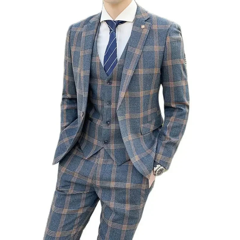 Men's Business Fashion Casual Single Breasted Blazers Trousrers Suits / Male Plaid Jacket Blazers Coat Vest Pants 3 Pieces Sets