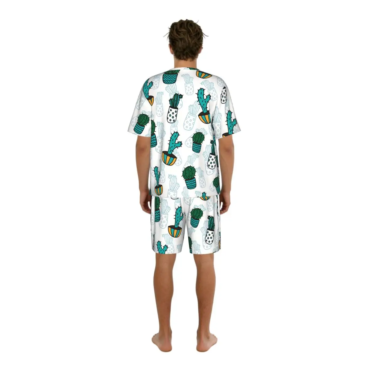 Summer Men Pajama Set Funny Cactuses Short Sleeve Sleepwear Casual Homewear Loose Fit Nightwear