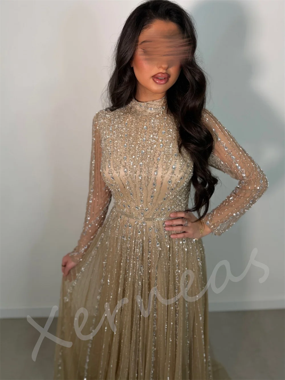 Customized Luxury Sparkle Long Sleeves Evening Gowns Pleat High Collar A-line Long Dresses Elegant Wedding Party Gown Gorgeous image 5