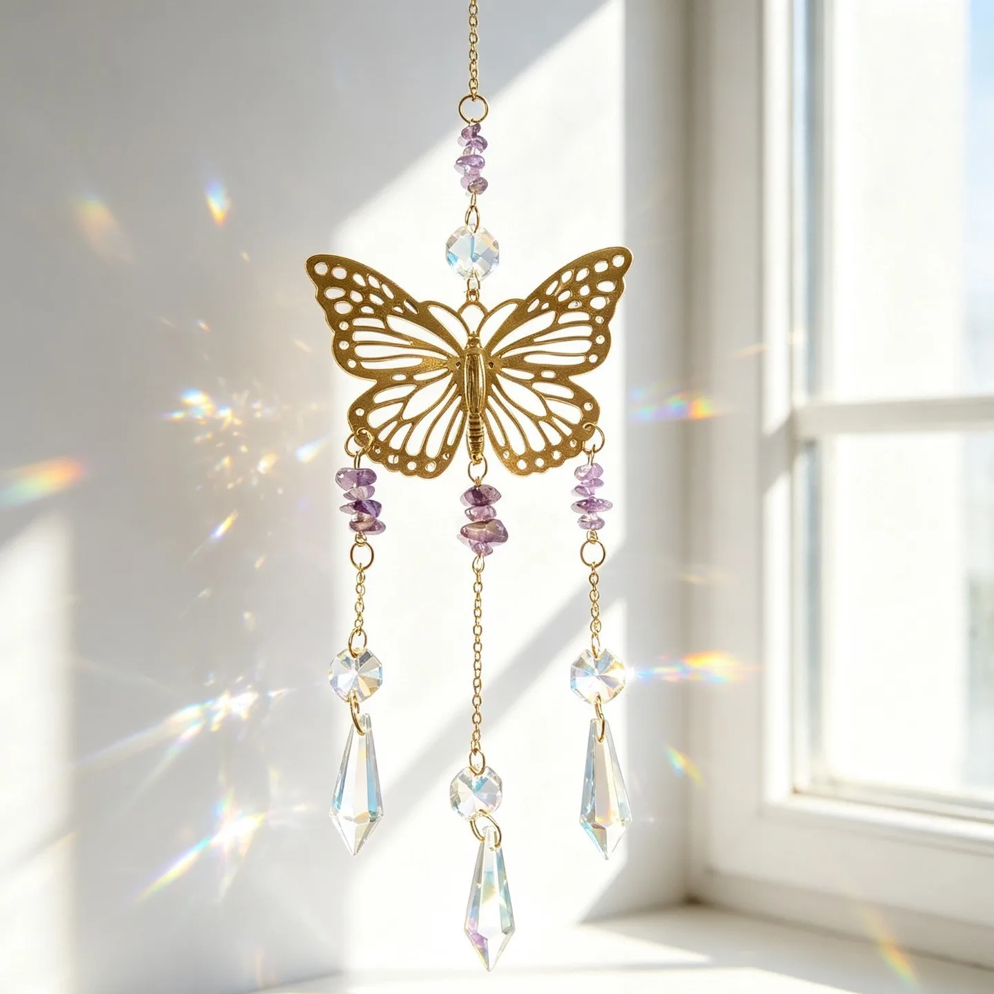 Butterfly Crystal Suncatcher Amethyst Gemstone Wind Chime Prism Rainbow Maker for Window Car Home Garden Decor