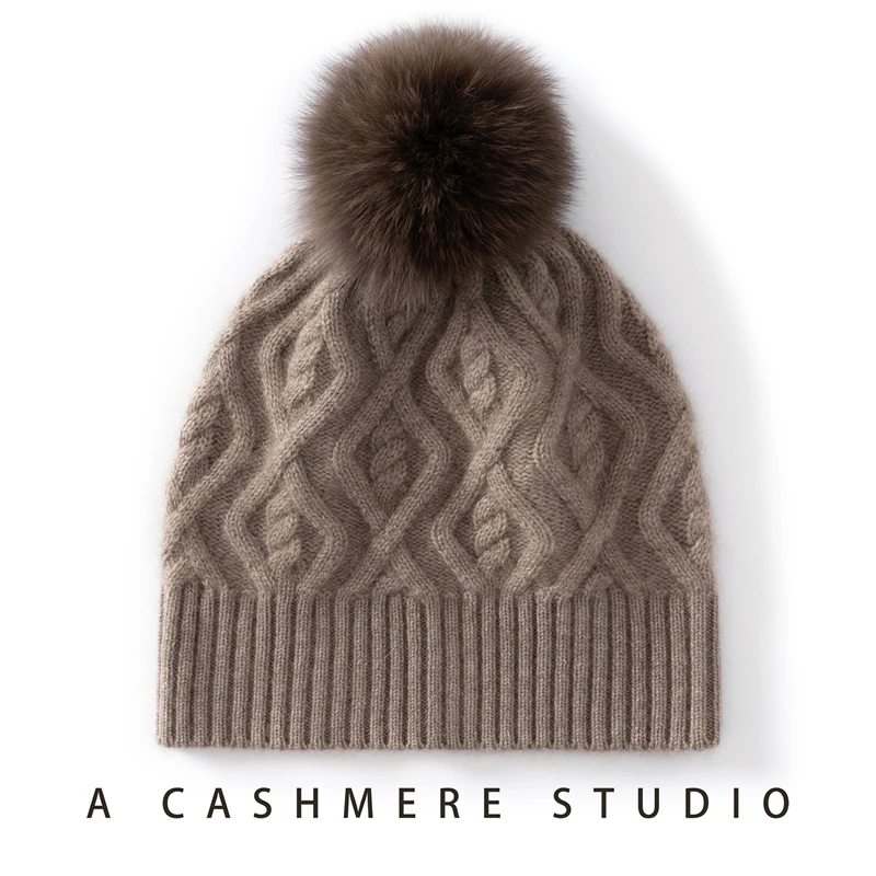 Women Cashmere Hat Autumn Winter Detachable Ball Hat Flanging Beanies Pompom Cap 100% Cashmere Knit Warm Twist Flower Retro Hat