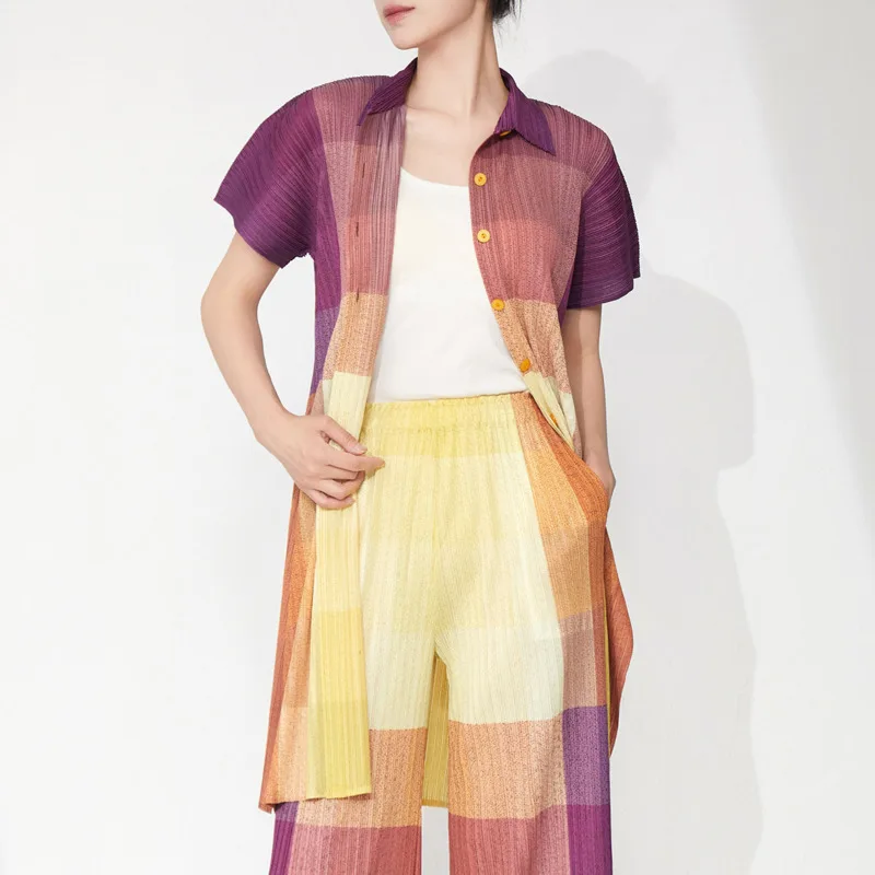 YFPF Druck Miyake Plissee Design Hemd Für Frauen Mode Revers Kurzarm Taste Mittlere Länge Bluse 2025, Neue Kleidung 3A366