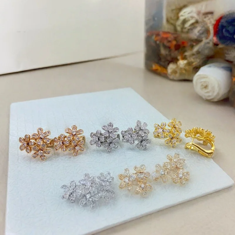 

S925 Sterling Silver Three-Flower Women's Fashion Earrings with Zircon, Stylish and Elegant Women's Floral Jewelry