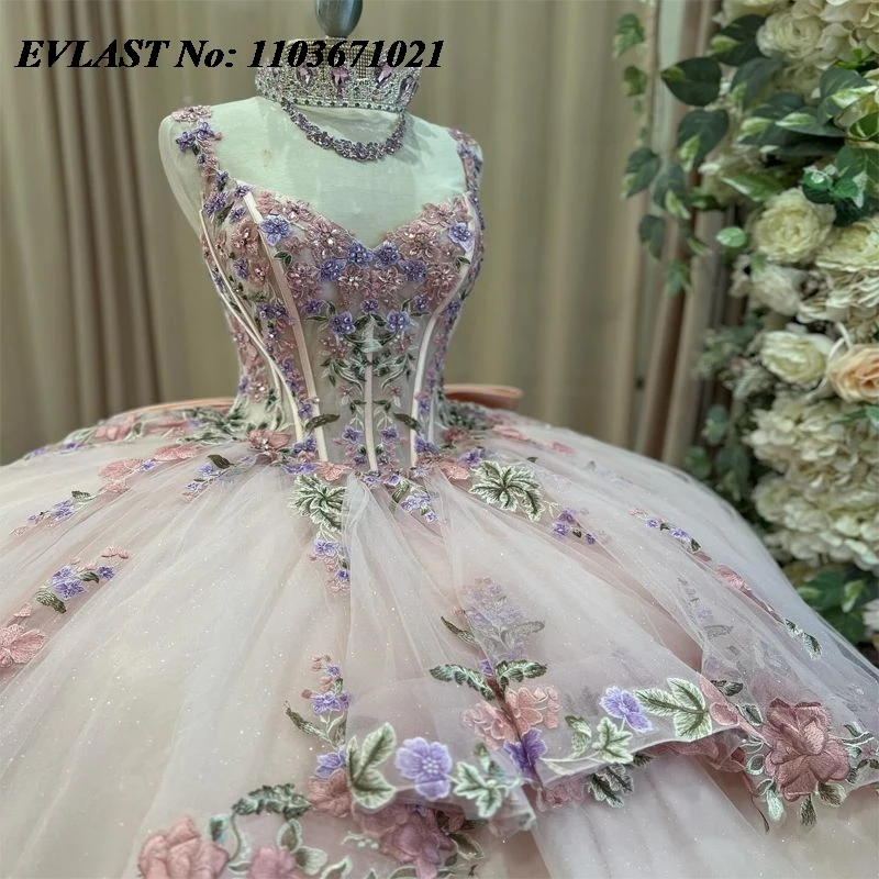 EVLAST Розовое платье Quinceanera по индивидуальному заказу, бальное платье с 3D цветочной аппликацией, многоуровневый корсет из бисера, Sweet 16, Vestidos De XV 15 Anos SQ93