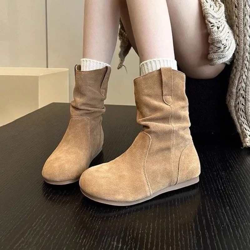 Flats Suede Casual Shoes Women Ankle Boots Slip-on Autumn New Apricot Goth Round Toe Short Botas Retro Versatile Chelsea Botines