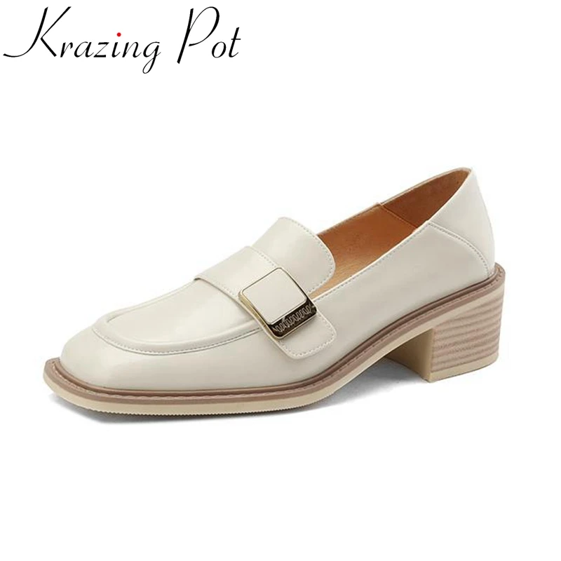 

Krazing Pot New Full Grain Leather Square Toe Loafers Shoes England Style Belt Buckle Concise Leisure Slip on Cozy Women Pumps