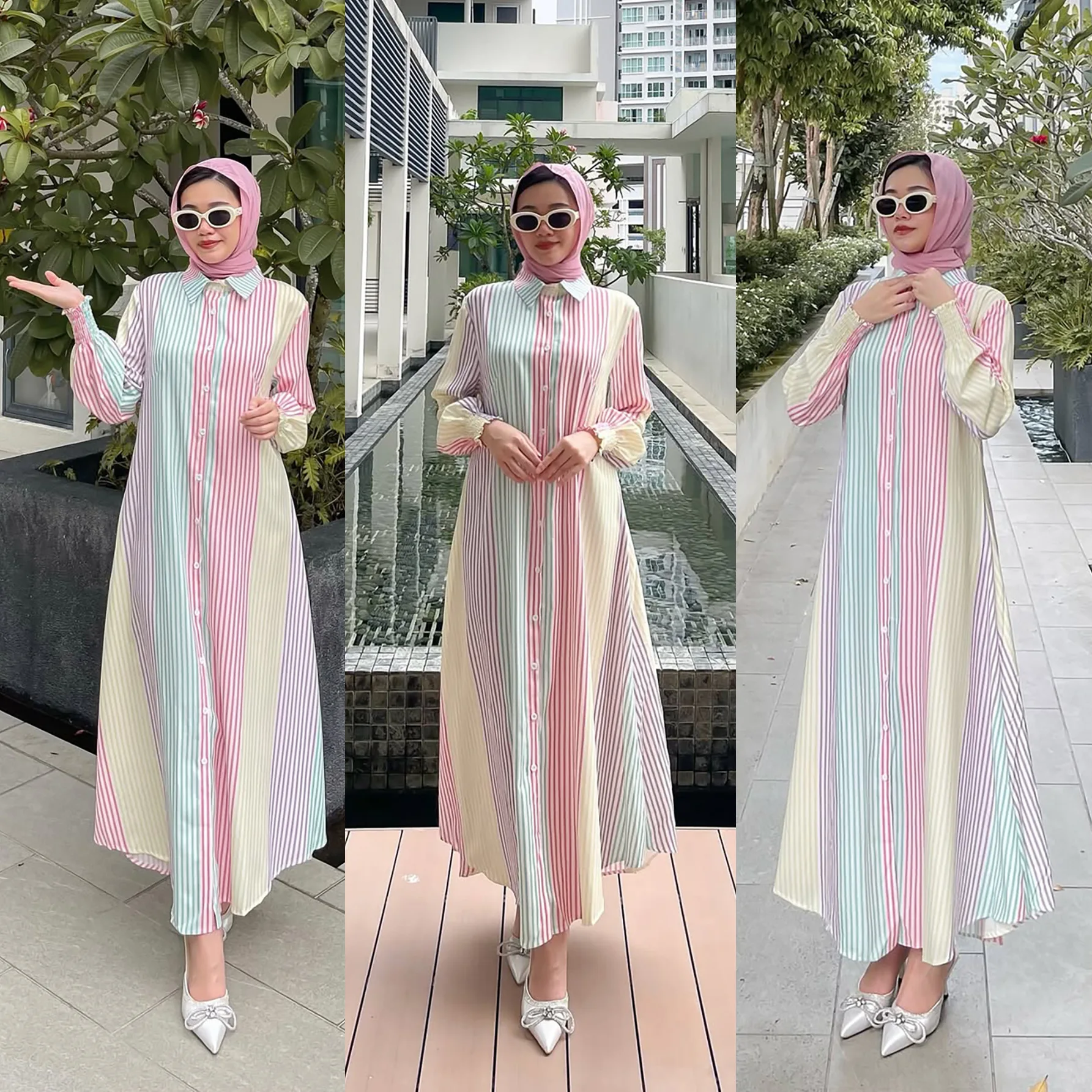Moda musulmana Abaya del sudeste asiático mujeres musulmanas usan primavera y otoño vestido camisero de rayas vestido más vendido malayo indonesio