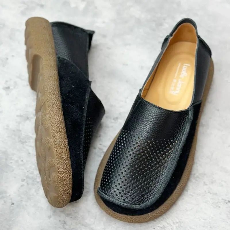 Wide toe loafers shoes men's genuine leather summer new cowhide hollow punched breathable soft sole casual leather shoes
