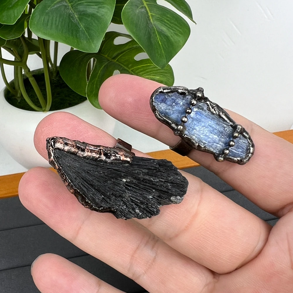 Natural Black Tourmaline Quartz Jet Stone ring, Vintage Blue Kyanite Crystal Ring for Women, Bronze Crystal Gemstone Jewelry