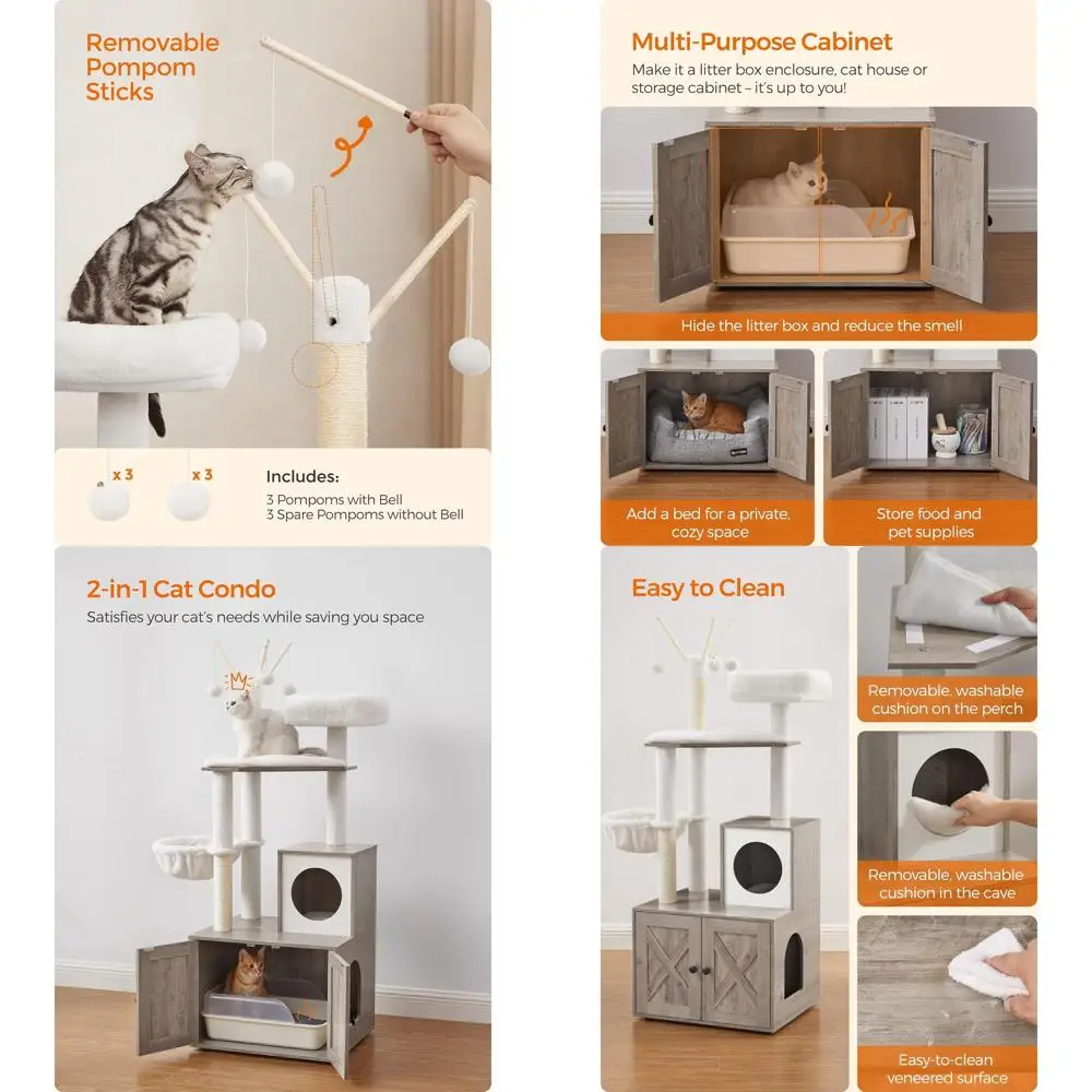 

Кошачье дерево Feandrea с корпусом для кошачьего туалета, современная кошачья башня 2-в-1, кондоминированный для кошек с когтеточками, съемный помпо