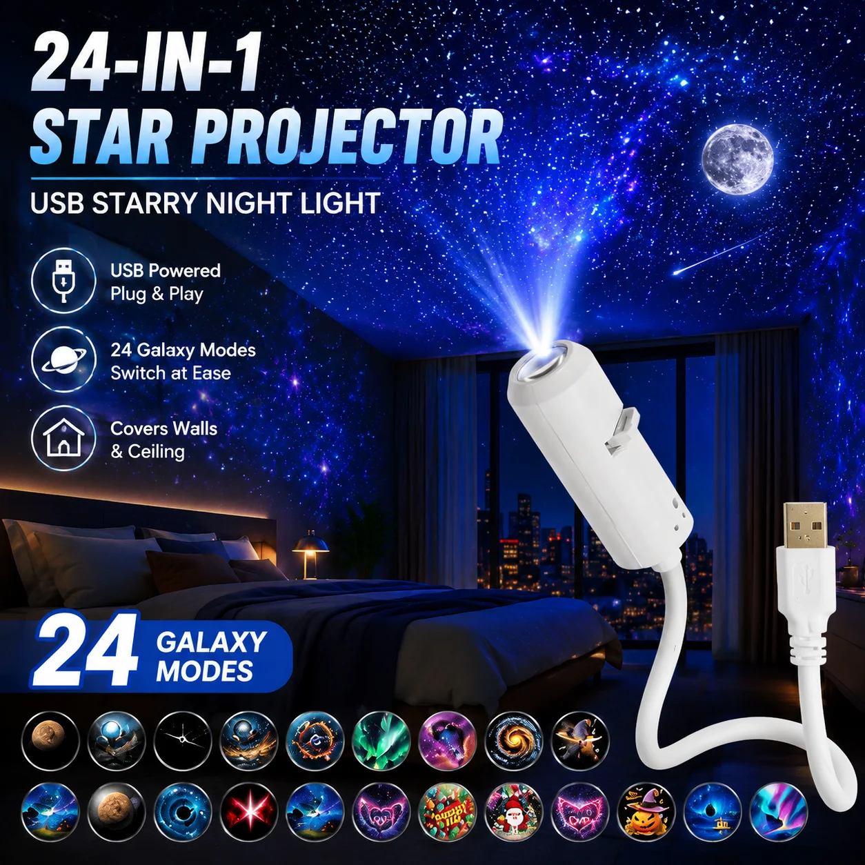 24 In 1 USB Starry Night Light Galaxy Projector Lamp Flexible Hose LED Atmosphere Light For Bedroom Car Roof Room Decor Gifts
