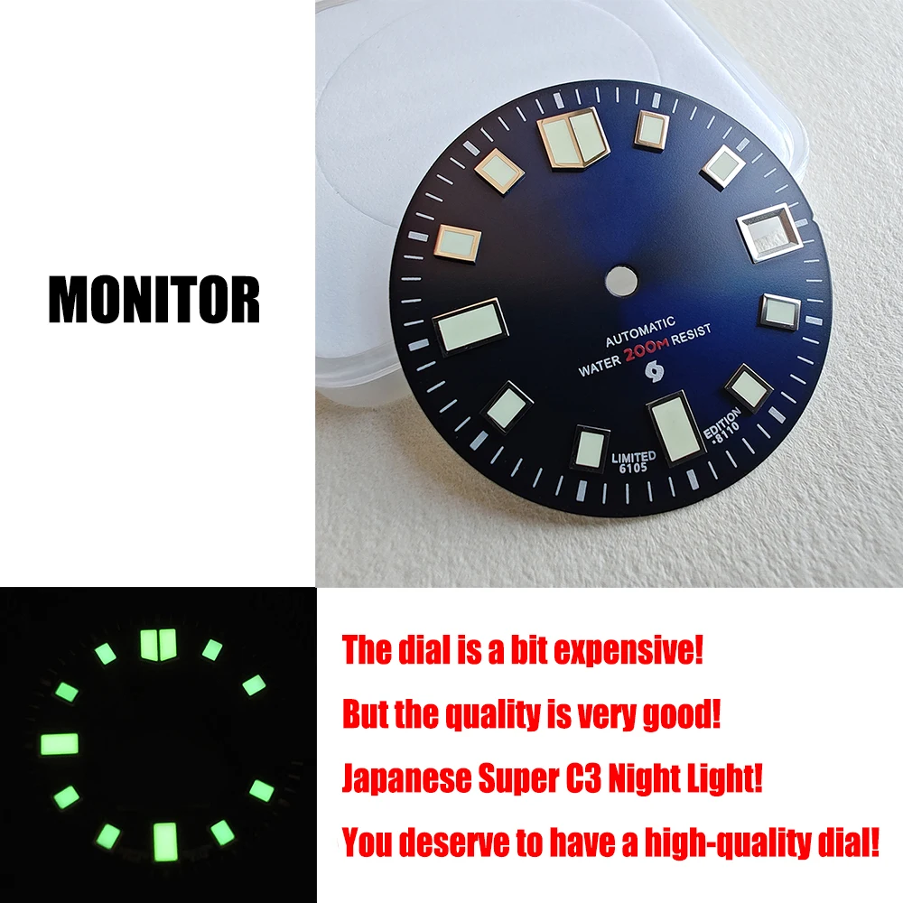 

HEIMDALLR Quality Sun Pattern Blue 6105 Dial NH35 Dial 4.2 o'clock Crown Japanese C3 Green Light Silver Genuine Nail Dial 28.5mm