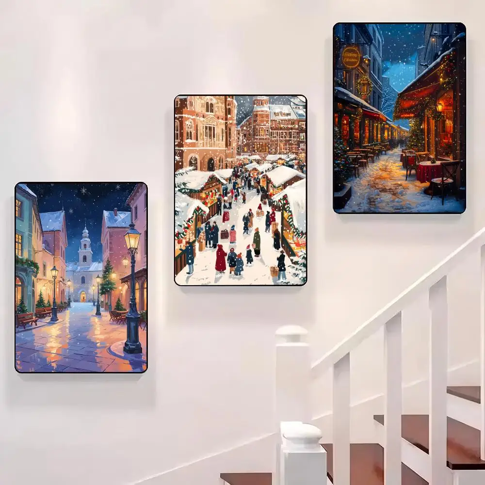 

Snowy Winter Town Christmas Poster Sticky Wall Waterproof Home Living Room Bedroom Bar Aesthetic Decoration Perfect Gift