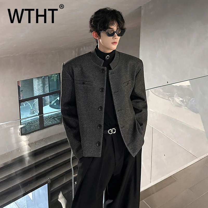 

WTHT Trendy Men’s Solid Color Shoulder Pads Casual Coats Fashion Korean-style Stand Collar Jackets Mlae 2025 Autumn 2A2155