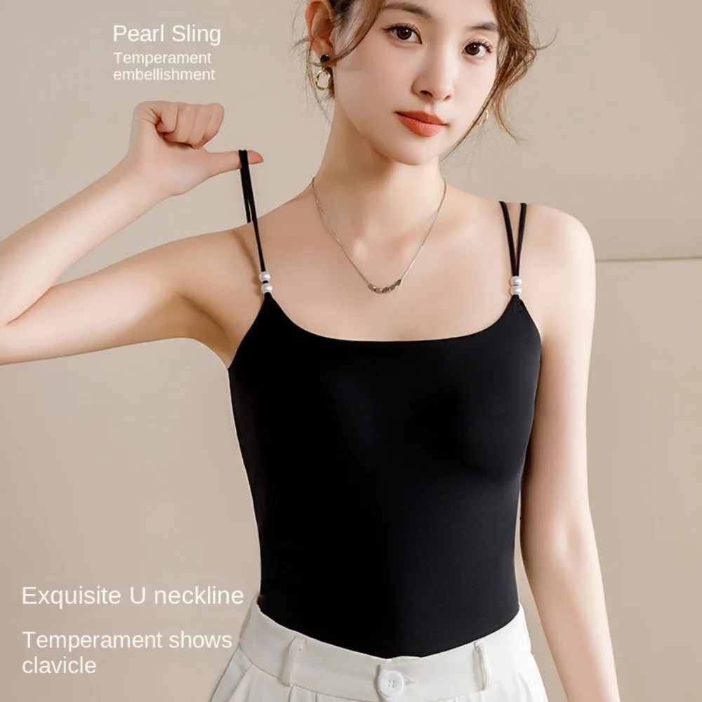 

With Chest Cushion Ice Silk Camisole Pearl Shoulder Strap Solid Color Ice Silk Corset Streetwear Slim Fit Suspender Vest