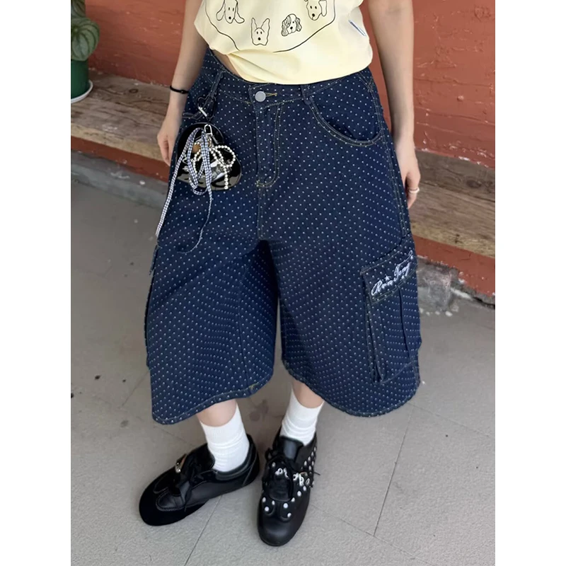 

Women American Cargo Wide-Leg Denim Shorts Blue Gothic Y2K Harajuku Style Retro 2000s Jeans Seven-Foot Clothes Summer