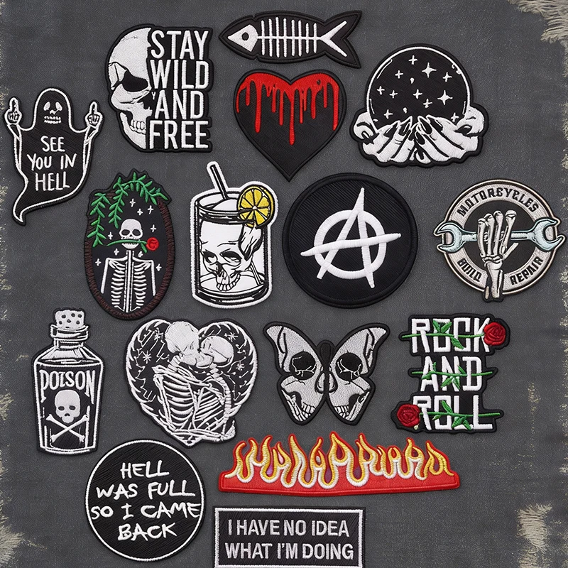 Parches bordados termoadhesivos de calavera rockera, letras punk y llamas, con diseño distintivo, para ropa, chaquetas, vaqueros y manualidades DIY