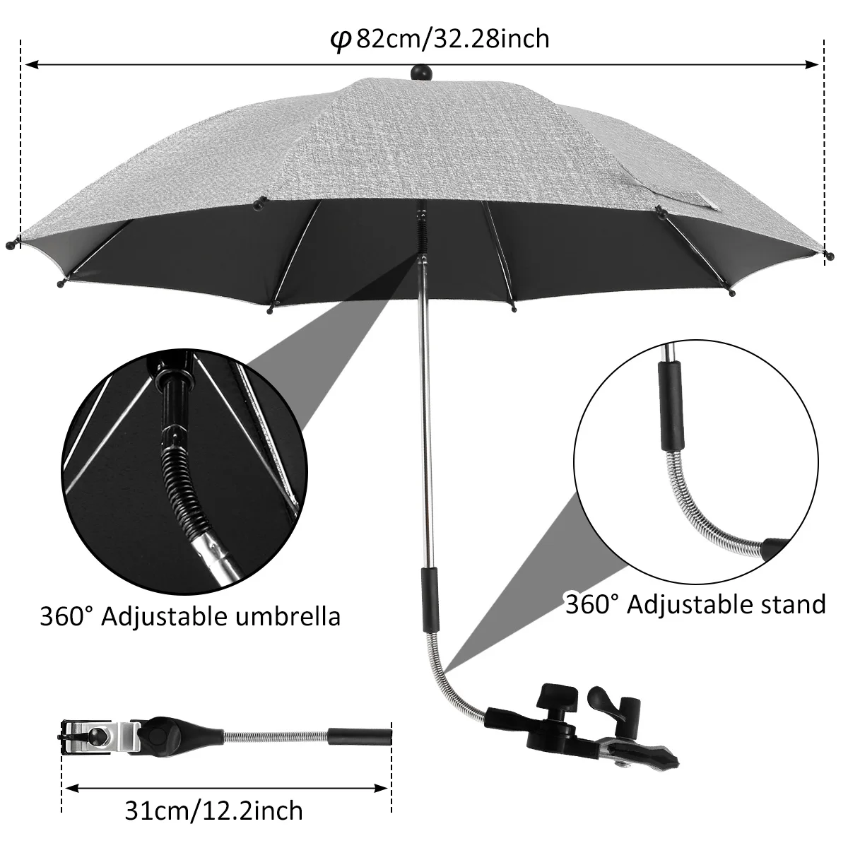 Paraguas para silla de playa Protección UV Paraguas para cochecito de bebé 360 °   Sombrilla de silla ajustable con abrazadera, resistente al sol, a la lluvia y al viento