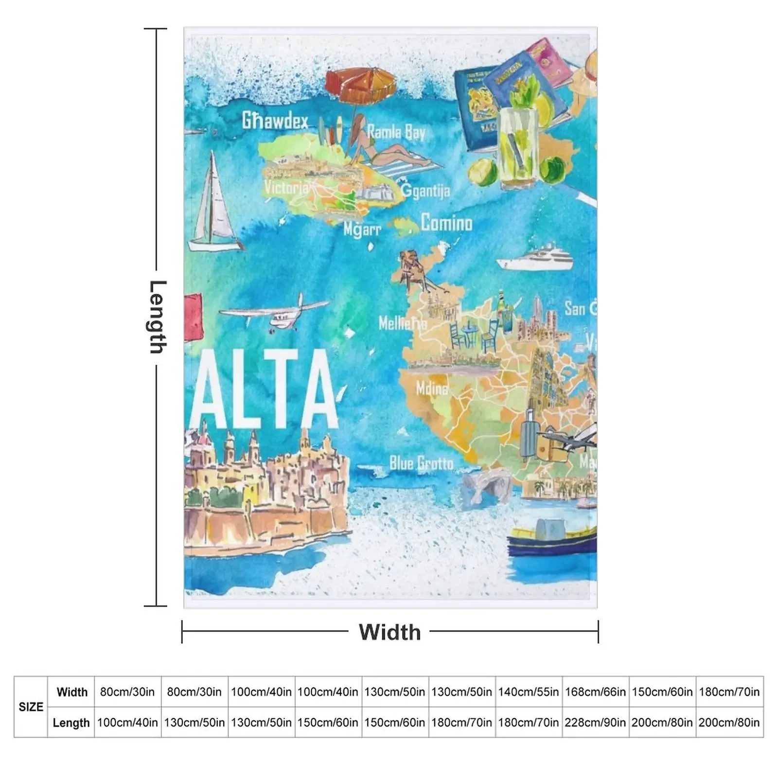 Malta Illustrated Island Travel Map with Roads and Highlights Throw Blanket Polar Soft Big Large Hairy decorative Blankets