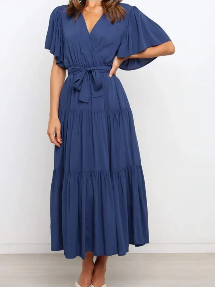 อินเทรนด์สีทึบRufflesชุดยาวผู้หญิงเซ็กซี่VคอRuffleแขนLeace-Up Temperament Elegant Ladyชุด 2025 ฤดูร้อนใหม่