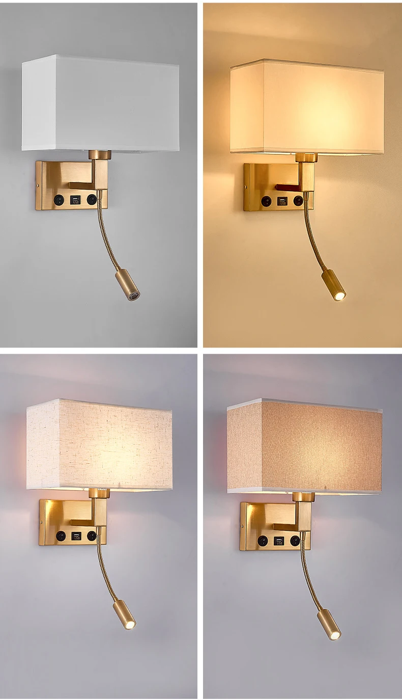 Modern Bedroom Bedside Wall Lamp with USB Port for Charging Phone Cloth Lampshade LED Hotel Wall Lights for Reading Spotlight
