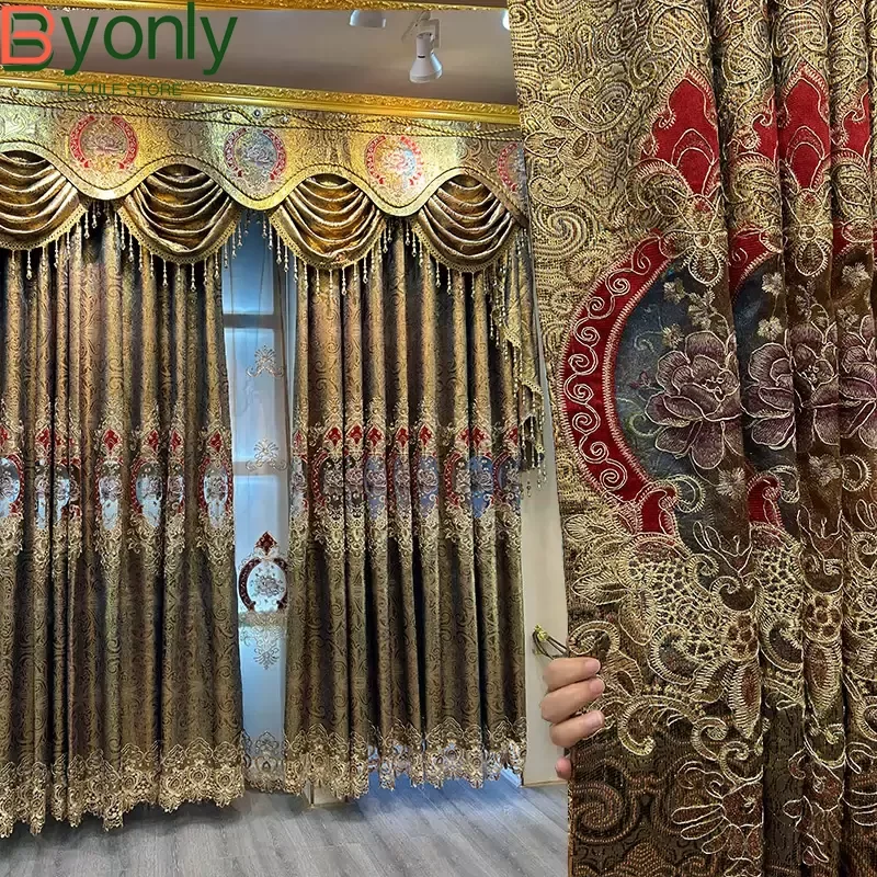 

Customized High-grade Gold Leather Hollowed Out Embroidery Screen Jacquard Curtains for Living Room Bedroom Villa French Window