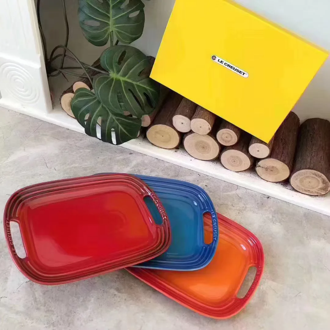 

French Cool Colored Stoneware Underglaze Colored Double Eared Rectangular Flat Plate Double Eared Tray Tableware Home Series