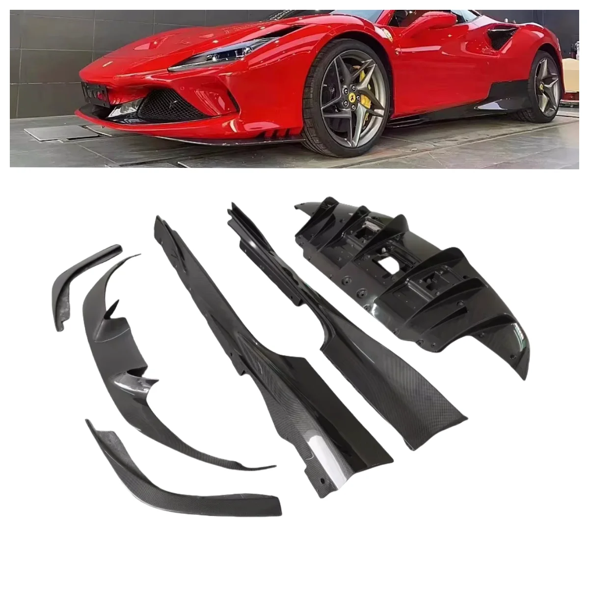 

Для Ferrari F8 обновленный модифицированный OEM передний бампер из углеродного волокна, нижняя губа, боковая юбка, задний диффузор, задний спойлер, комплект кузова