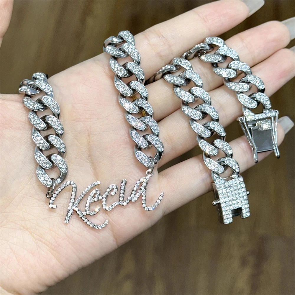 

Personalized Diamond Nameplate Customized Name Necklace 12mm Cuban Zircon Chain Necklace Hip Hop Jewelry for Men's and Women's