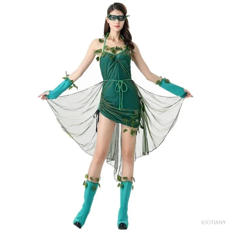 Sexy Women Flower Fairy Tinkerbell Fantasia Costume Halloween Carnival Party Fairytale Green Forest Elf Cosplay Dress