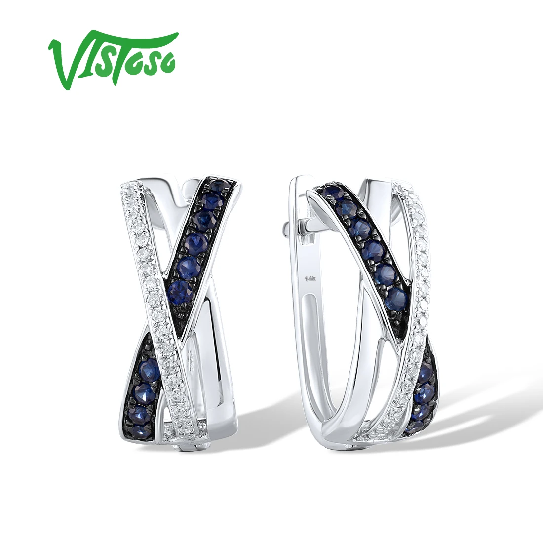 VISTOSO Real 14K 585 White Gold Latch Back Earrings For Women Sparkling Diamonds Blue Sapphire Elegant Wedding Fine Jewelry