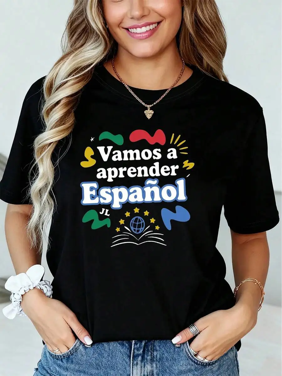 Women's Casual Spanish Theme T-Shirt, Crew Neck Short Sleeve Summer Tee With 