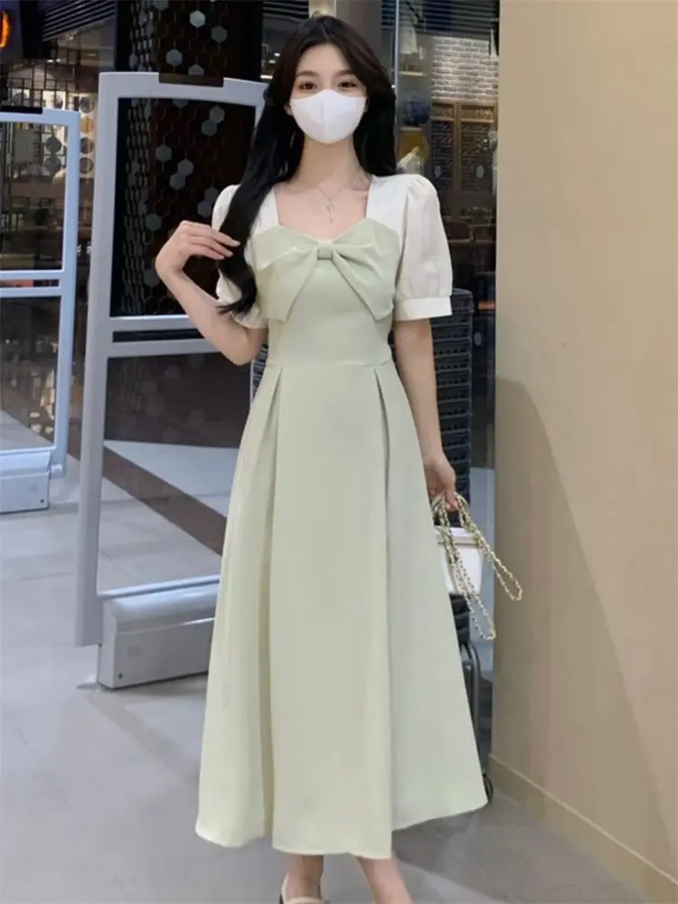 Dresses Women Bow Short Sleeve Fake Two Pieces Midi French Style Elegant Classic Simple Ins Temperament Stylish Summer Prevalent