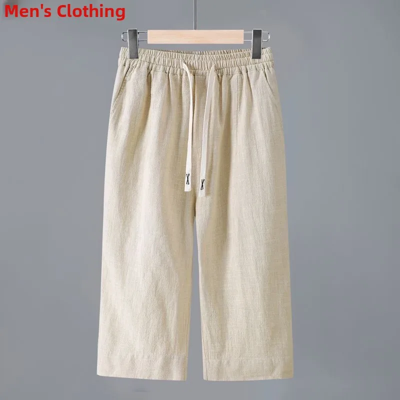 

High-End Pure Color Linen Men's Knee-Length Seven-Piece Pants Summer Breathable Cotton Linen Fabric Mid-Trouser orts