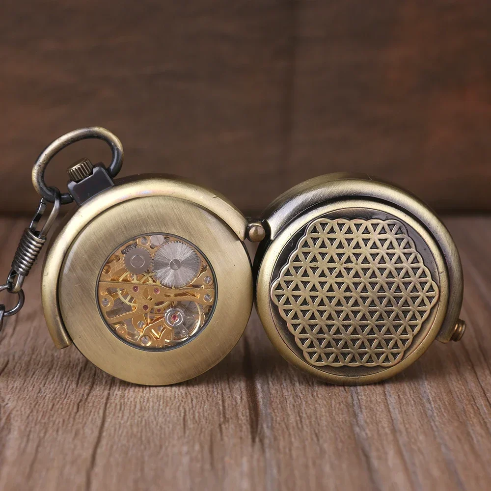 Reloj de bolsillo de cazador abierto doble de bronce único, cuerda a mano mecánica, esqueleto, relojes Fob, cadena colgante de regalo para hombres y mujeres