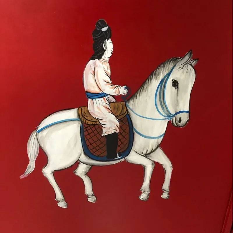 Hand Painted Lady Riding Horse Spring Outing Picture Two Door Shoe Cabinet Storage Decorative Cabinet for Entrance Hallway