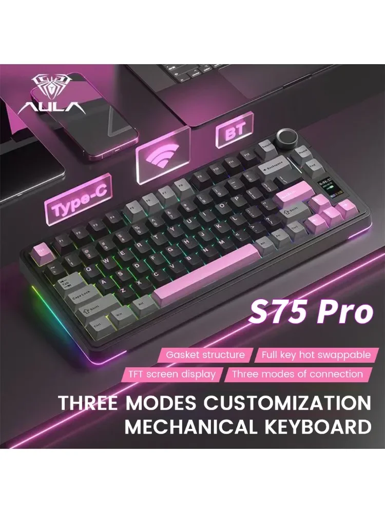 AULA S75 Pro Gaming Mechanische Tastatur, 75 % Hot-Swap-fähige RGB-Hintergrundbeleuchtung, 4000 mAh, PBT-Tastenkappen, kabellose Tastatur mit LED-Bildschirmknopf