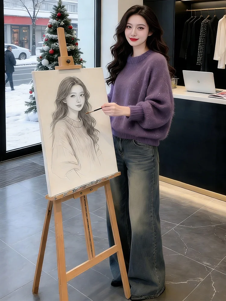 

Женский свободный вязаный свитер с блестящим круглым вырезом, украшенный, зимний, модный, элегантный, комфортный, дышащий, с длинными рукавами