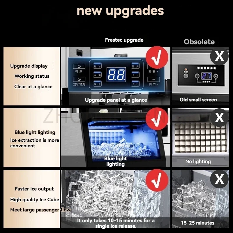 Nueva máquina de hielo eléctrica de 80 kg/día, tienda de té de la leche de gran capacidad, Fabricación de hielo Mahine, rejilla de hielo de 60 unidades, almacenamiento de hielo de 15 kg/20 kg