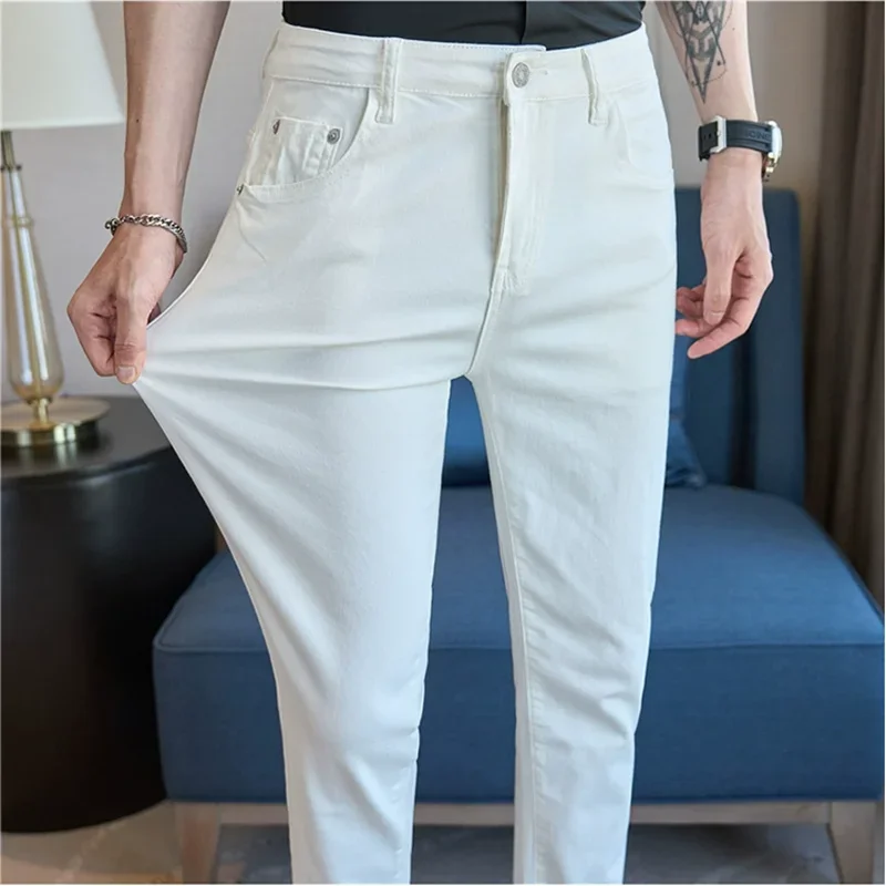 

New Jeans Men's Stretch Cotton Denim Cropped Pants High Quality Washed Solid Color Trousers Black Jeans Man Street Wear Clothes