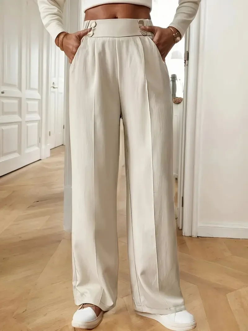 Women's High Waist Wide Leg Pants New Flowy Floor-Length Trousers, Minimalist Straight Fit Lounge Pants with Elastic Wais