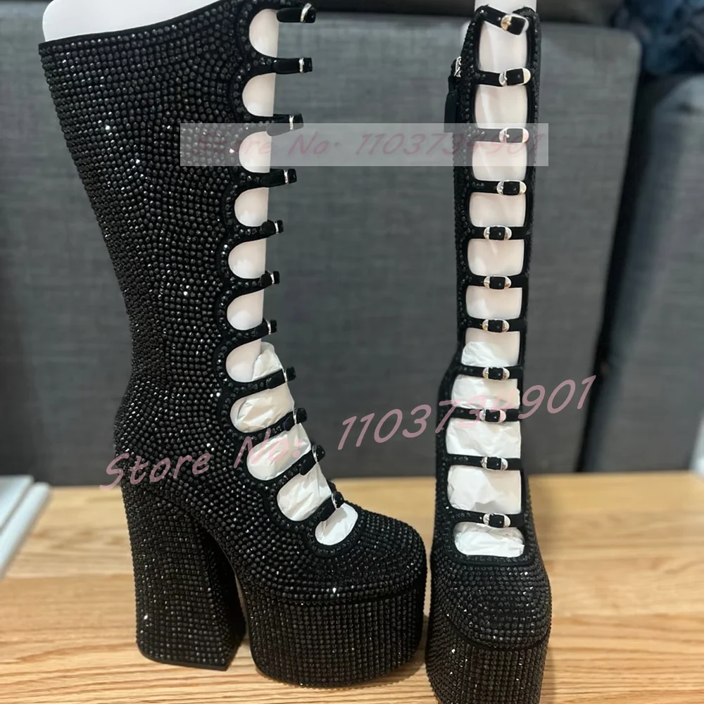 Studded Crystals Platform Buckle Strap Boots Hot Girls Fashion Block High Heels Knee Length Boots Women Party Lolita Punk Shoes